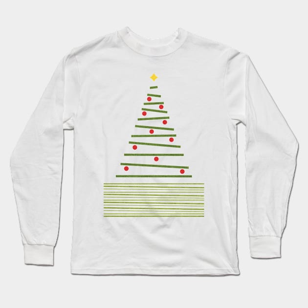 Minimalist Christmas Tree Green Red Light Grey Long Sleeve T-Shirt by FAROSSTUDIO